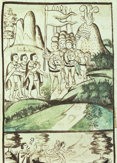Cortes entering the Valley of Mexico between the volcanoes of Popocatepetl and Ixtaccihuatl by Mexican School